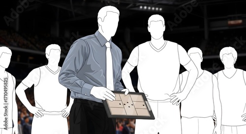 Basketball coach with clipboard discusses strategy with outlined players in stadium