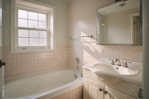 Wallpaper Mural 1990s pastel bathroom with bathtub frosted window and mirrored cabinet Torontodigital.ca