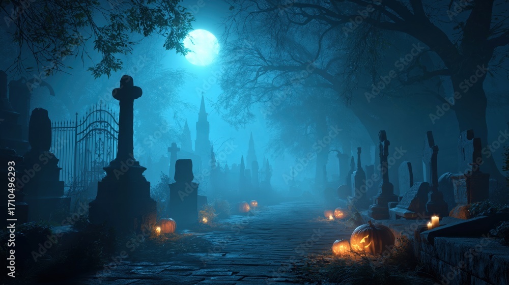 Foggy graveyard cemetery with tomb stones pumpkins on full moon at night