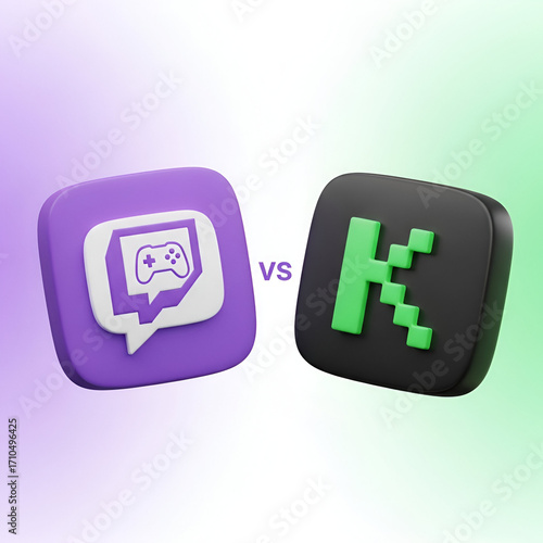 Two gaming icons, one purple with a controller in a speech bubble, the other black with a pixelated k