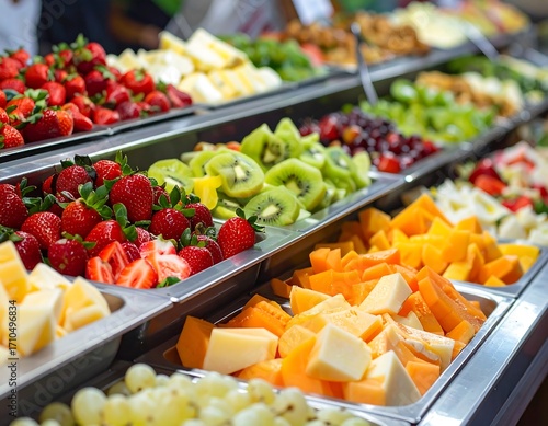 Vibrant array of fresh cut fruits and vegetables for a healthy buffet