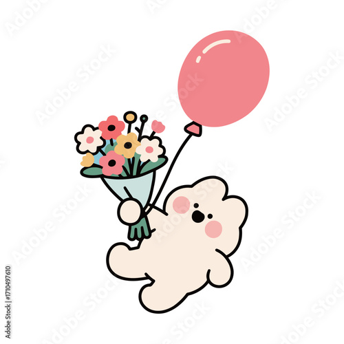 Cute cartoon character shaped like a teddy bear or cloud flying and holding a bouquet of flowers and a pink balloon, a sweet and simple vector illustration.