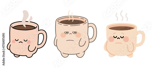 Three cute and grumpy cartoon coffee mug characters with steam rising from them, a vector illustration for a sleepy or morning concept.
