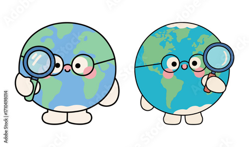 Two cute cartoon earth characters wearing glasses and holding magnifying glasses, a simple and educational vector illustration for global research or science.