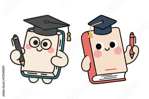 Two cute cartoon book characters wearing graduation caps and holding pens, a simple vector illustration for education, knowledge, or school.