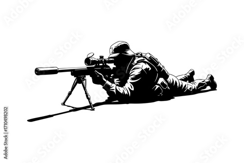 Black and white line art illustration of a sniper in a prone position.