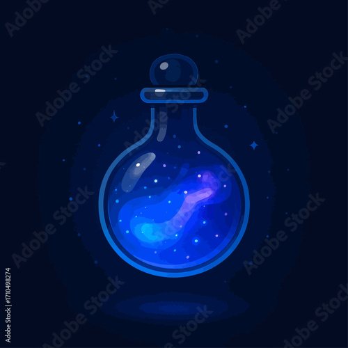 Magical cosmic potion in a round glass bottle with glowing blue galaxy-like liquid and starry sparkles, fantasy elixir illustration on dark background for gaming or mystical design.