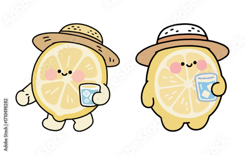 Two cute cartoon lemon characters wearing sun hats and holding a glass of water, a fun and refreshing vector illustration for summer drinks or food.
