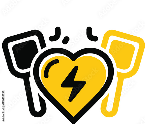 Heartbeat icon with lightning bolt and defibrillator paddles