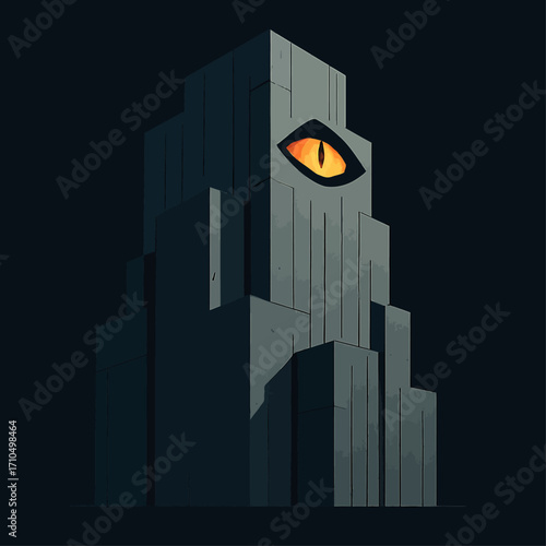 Dark surreal illustration of a concrete tower with a glowing orange eye, eerie architectural fantasy artwork perfect for horror, sci-fi, or mystical design themes