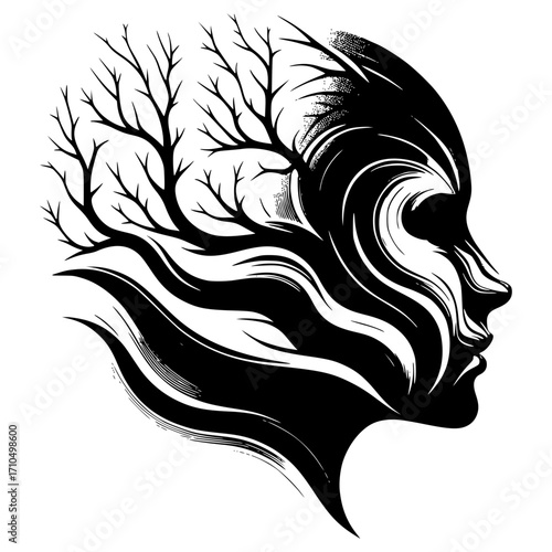 Human face with dried tree branches vector illustration