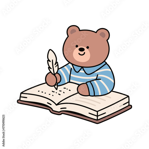 Cute cartoon teddy bear character sitting and writing in a book with a feather pen, a simple and artistic vector illustration for writing, storytelling, or literature.