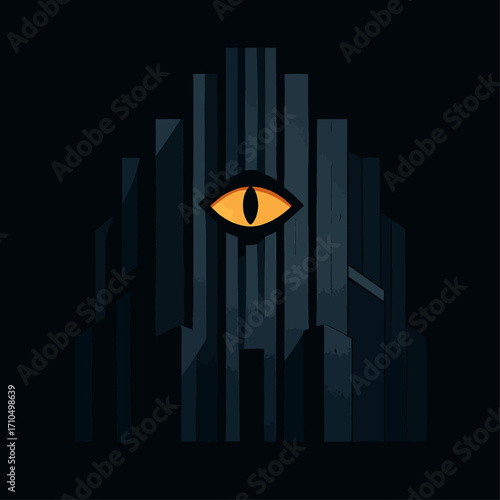 Dark surreal illustration of a concrete tower with a glowing orange eye, eerie architectural fantasy artwork perfect for horror, sci-fi, or mystical design themes