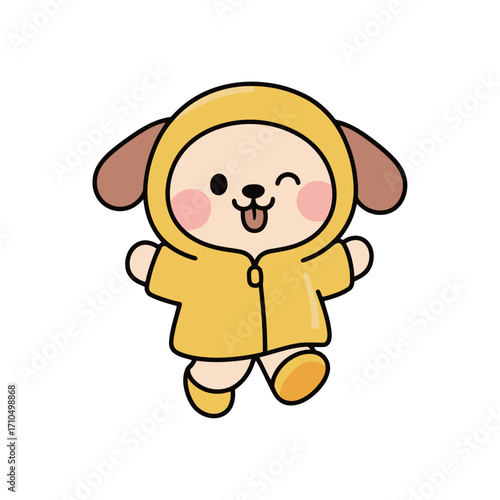 Cute puppy dog character wearing a yellow raincoat and winking, a simple and cheerful vector illustration for pet care or kids.