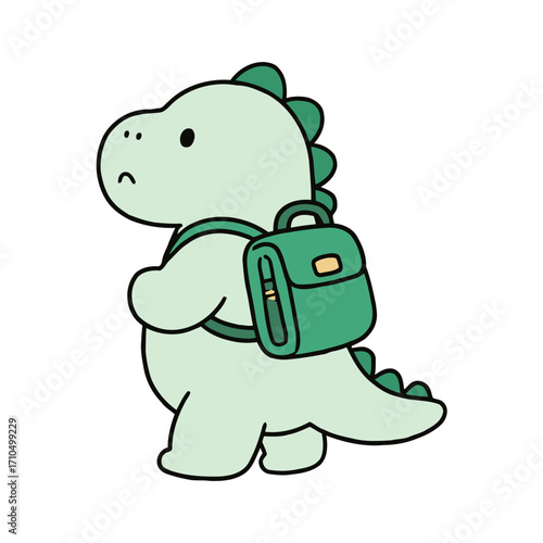 Cute and sad cartoon dinosaur character wearing a backpack, a simple vector illustration for school, education, or back to school concept.