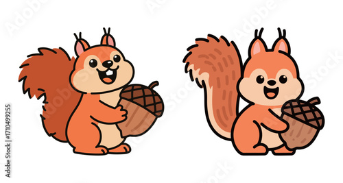 Two cute cartoon squirrel characters holding an acorn, a simple and joyful vector illustration for autumn, nature, or animals.