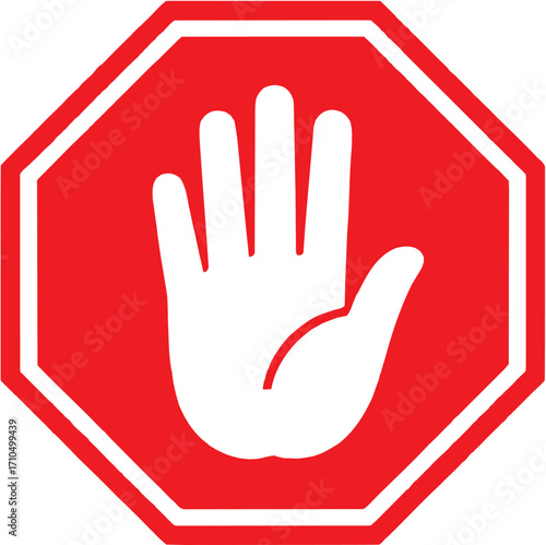 Red Stop Hand Sign Icon. Warning stop symbol. Simple octagon road sign with hand gesture vector illustration