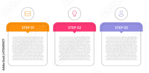 Minimal infographic design with three horizontal blocks, illustrating a 3-step business development process.