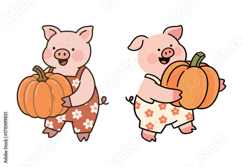 Two cute cartoon pig characters wearing overalls and holding pumpkins, a simple vector illustration for autumn, harvest, or food.
