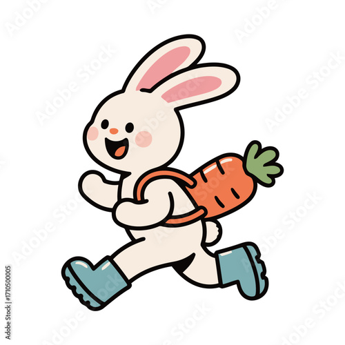 Cute cartoon bunny character running with a carrot as a backpack, a simple and funny vector illustration for easter or healthy food.
