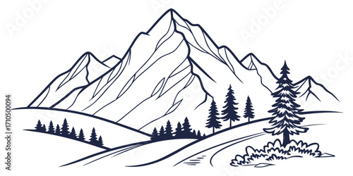 Serene Mountain Landscape Line Art Illustration