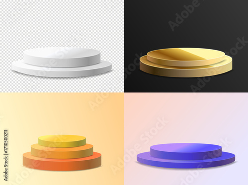 Vector illustration. 3D cylindrical podium stage for product promotion. Empty template for horizontal banner, advert, marketing. Set of design elements of different scenes: white, golden, colored