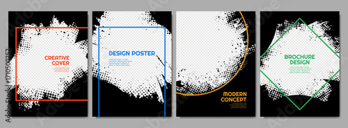 Vector illustration. Hand drawn abstract black color frame set. Ink brush strokes mess. Design for poster, invitation, gift card, coupon, book cover, photography overlay. Paint splatter with halftone