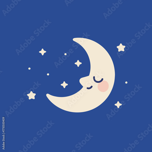 Cute sleeping crescent moon character with a peaceful expression, surrounded by stars in a dark blue night sky, a simple vector illustration for bedtime.