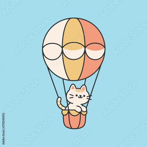Cute cartoon cat character riding in a hot air balloon, a simple and whimsical vector illustration for adventure, travel, or dreams.