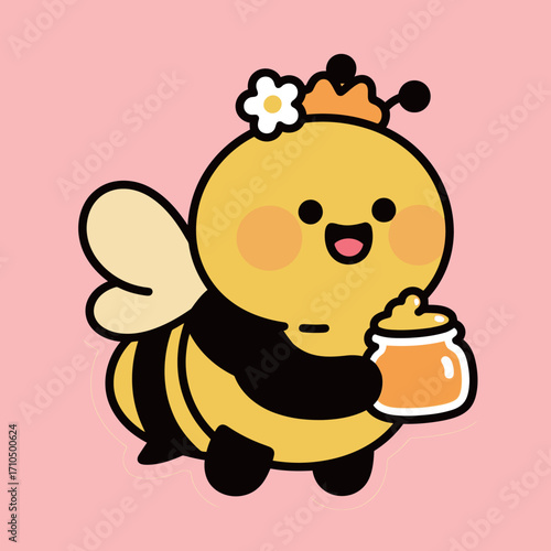 Cute cartoon bee character with a flower crown, holding a jar of honey, a simple and sweet vector illustration for nature, food, or animals.