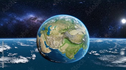 Earth from space, with visible continents and atmosphere