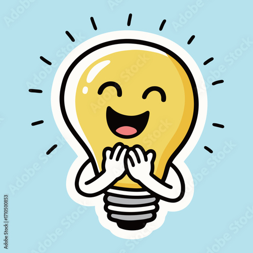Cute and happy cartoon lightbulb character with a bright expression, symbolizing a great idea or solution, a simple and minimal vector illustration.
