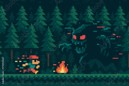 Retro pixel art scene of a video game character running through a dark forest while being chased by a giant monster with glowing red eyes, 8-bit style fantasy illustration.