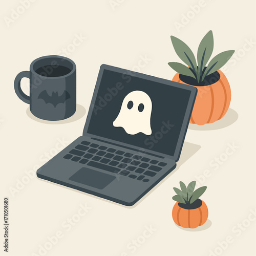 Halloween-themed workspace illustration with laptop showing ghost icon, coffee cup with bat design, pumpkins, and festive desk decor in modern flat style