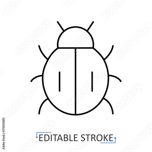 A beetle icon in minimalist style with editable stroke. Insect symbol, wildlife bug, entomology element, nature design, small creature, biology illustration, organic outline, natural insect.