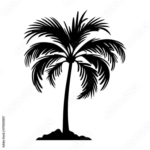 Stylized black silhouette of a palm tree with textured ground beneath its trunk, showcasing its iconic fronds against a clean backdrop