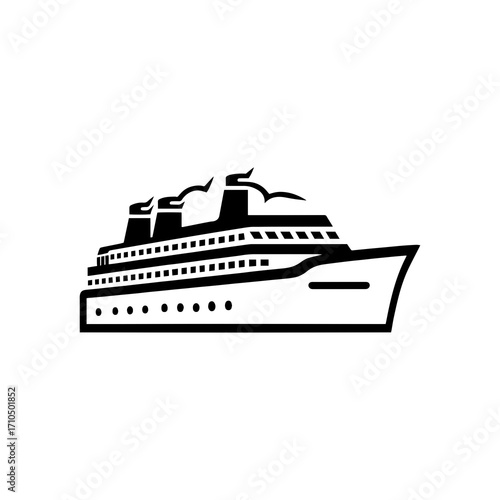 Stylized black and white illustration of a modern cruise ship with smoke billowing from its funnels, conveying a sense of travel and adventure on the open sea.