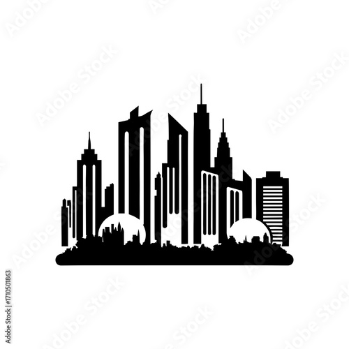 Stylized black silhouette of a modern city skyline with varied building heights and prominent domes against a transparent background