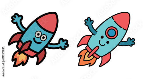 Two cute cartoon rocket characters with happy expressions, a simple and cosmic vector illustration for space exploration or technology.
