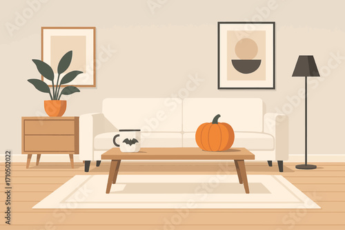 Minimalist modern living room interior with sofa, coffee table, houseplant, and pumpkin centerpiece as seasonal Halloween or autumn decoration.