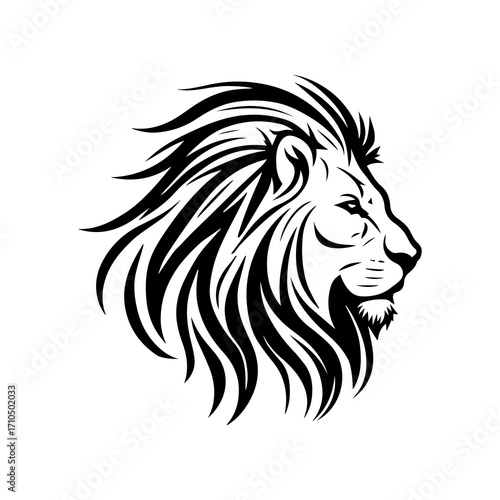 Majestic lion head profile silhouette with flowing mane artistic representation black and white striking powerful regal symbol of strength and leadership