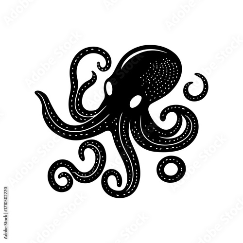 Stylized black silhouette of an octopus with wavy tentacles and white dots on a transparent background
