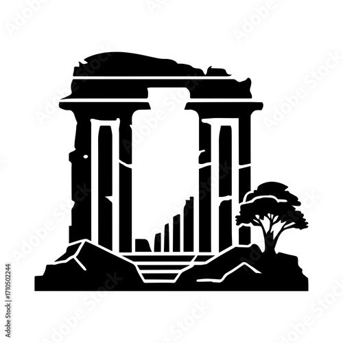 Ancient Greek temple ruins with a single tree on rocky terrain, symbolizing history and enduring nature