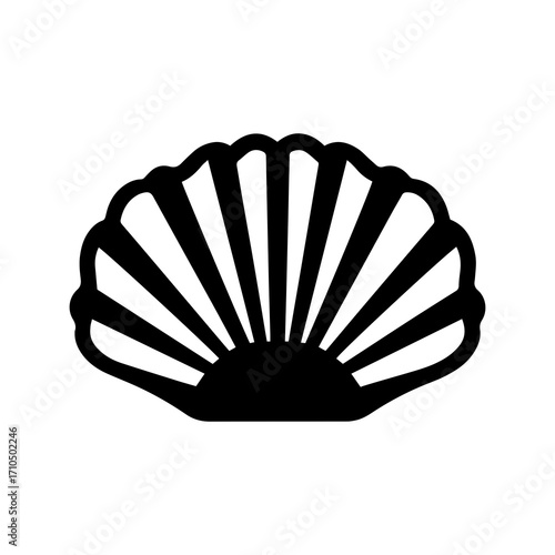 Simple black silhouette of a seashell with radiating lines, representing a stylized fan or scallop shape, perfect for nautical or decorative themes.