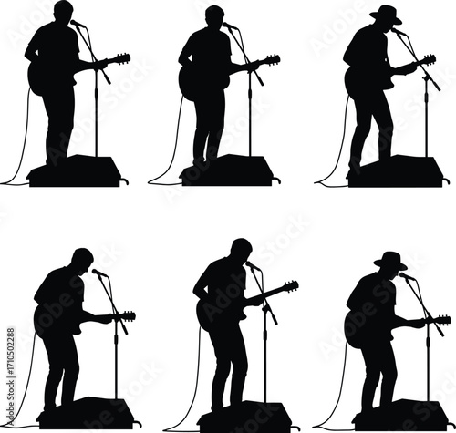 PrintSilhouette guitar singer performing live on stage with microphone stand and amplifier, musician playing acoustic and electric guitar concert illustration vector