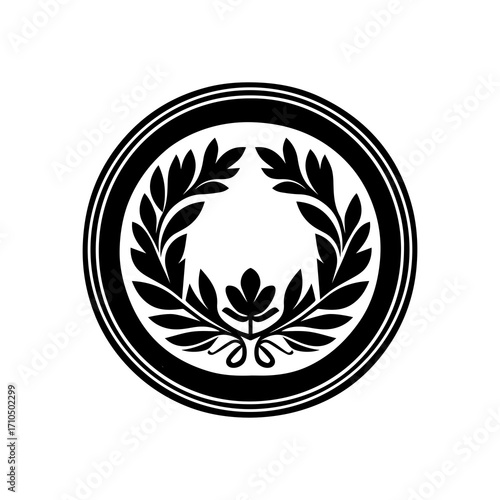 Elegant black laurel wreath emblem with central floral motif and decorative bands, symbolizing victory, achievement, and prestige