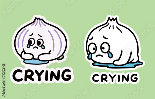 Two cute and sad cartoon garlic characters with tears, symbolizing a crying or emotional reaction, a simple vector illustration for food.