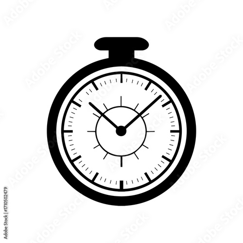 Classic black pocket watch face with clear hour markers and hands, offering a timeless symbol of punctuality and scheduling