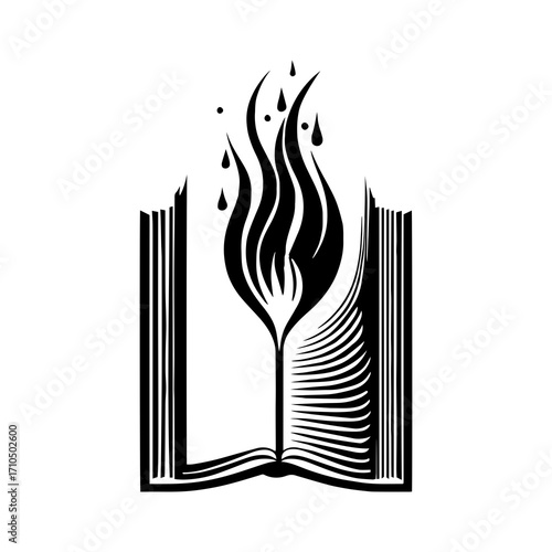 Stylized open book with fiery flames and dripping liquid symbolizing knowledge, inspiration, and discovery, presented in bold black and white graphic style