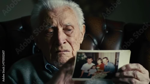 Elderly man looking at a faded family photo